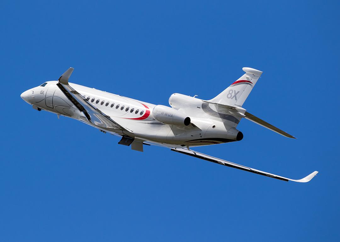 A New Dassault Falcon 8X business jet up in the air for the Paris Air Show in Le Bourget, France.
