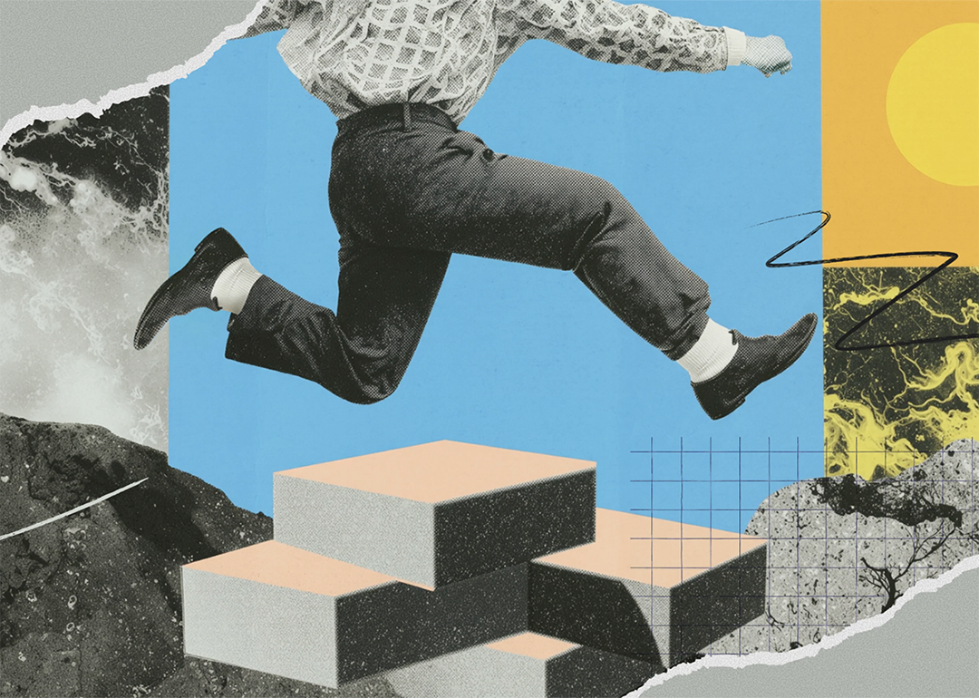 A creative collage illustrating taking leaps in an unstable economy.