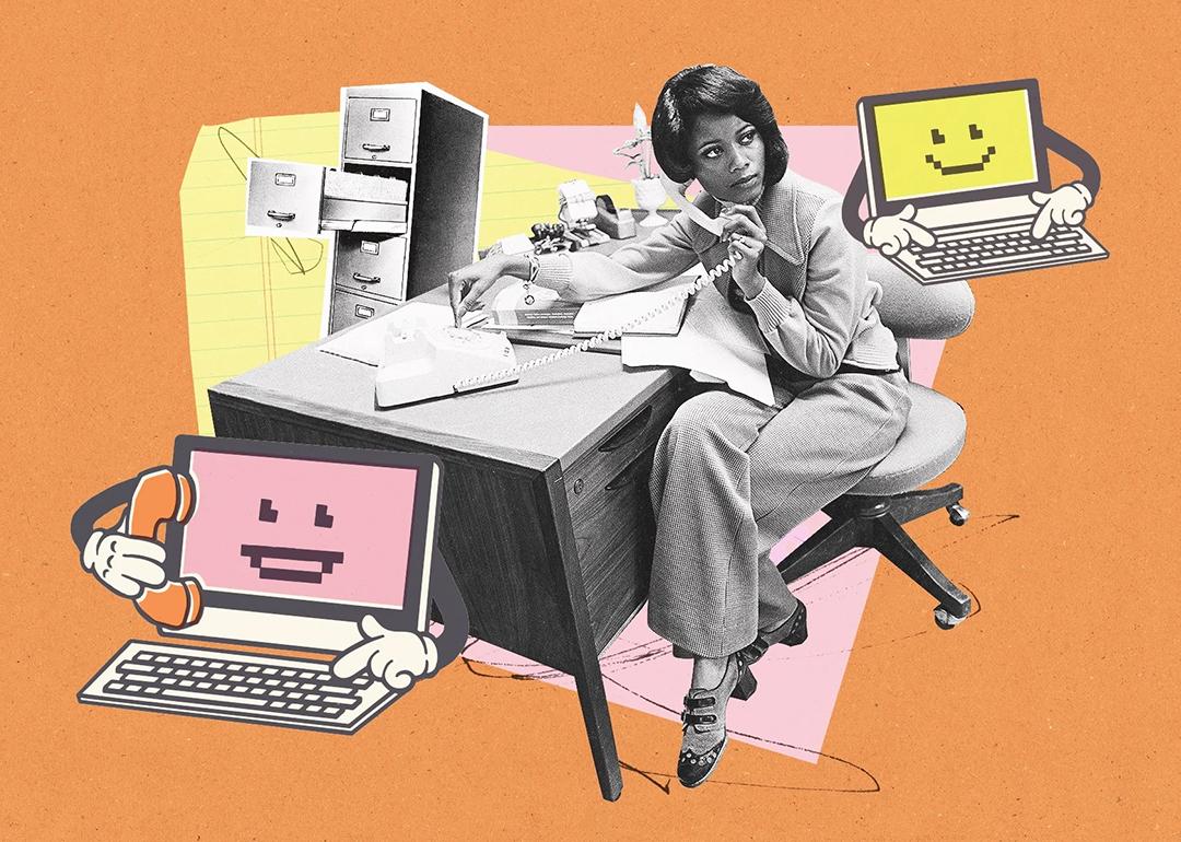 A creative collage illustration featuring a retro-style woman in a 1970s office setting, with pink-screened computer graphics in the foreground.