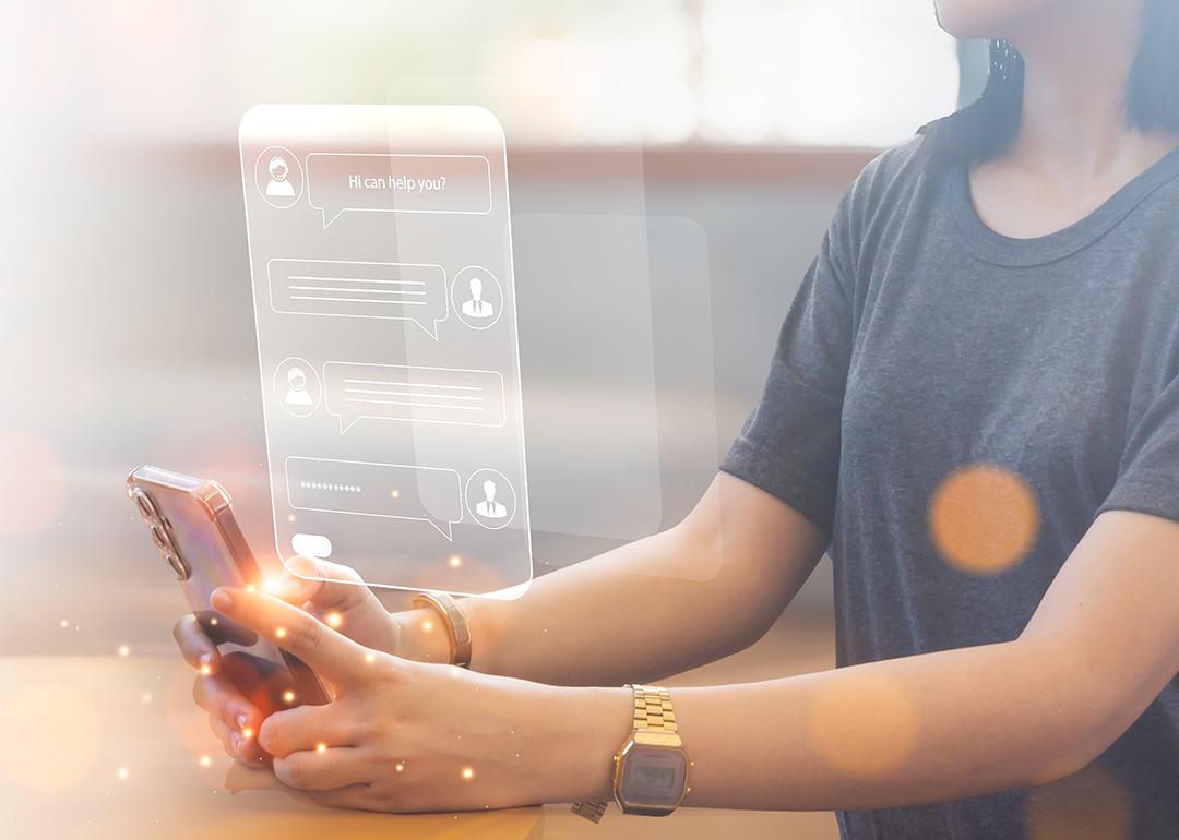 A young woman using a smartphone illustrated with AI chatbot conversations.