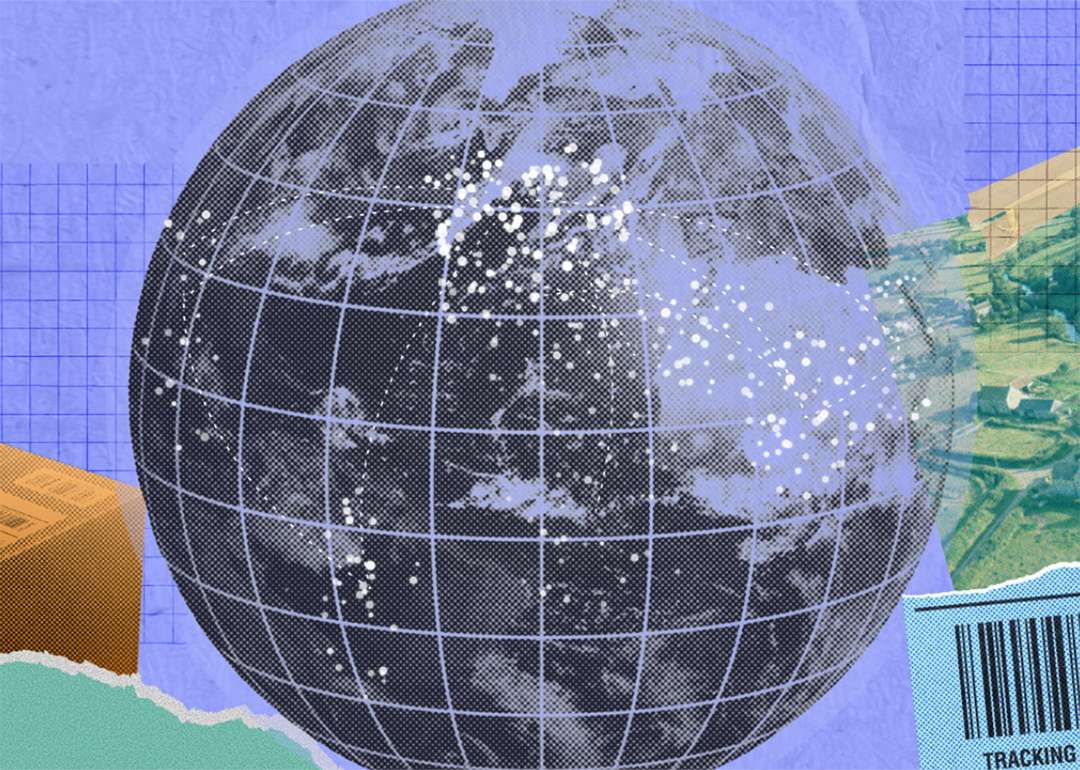 A custom illustration depicting global merchants, shopping, and economy.