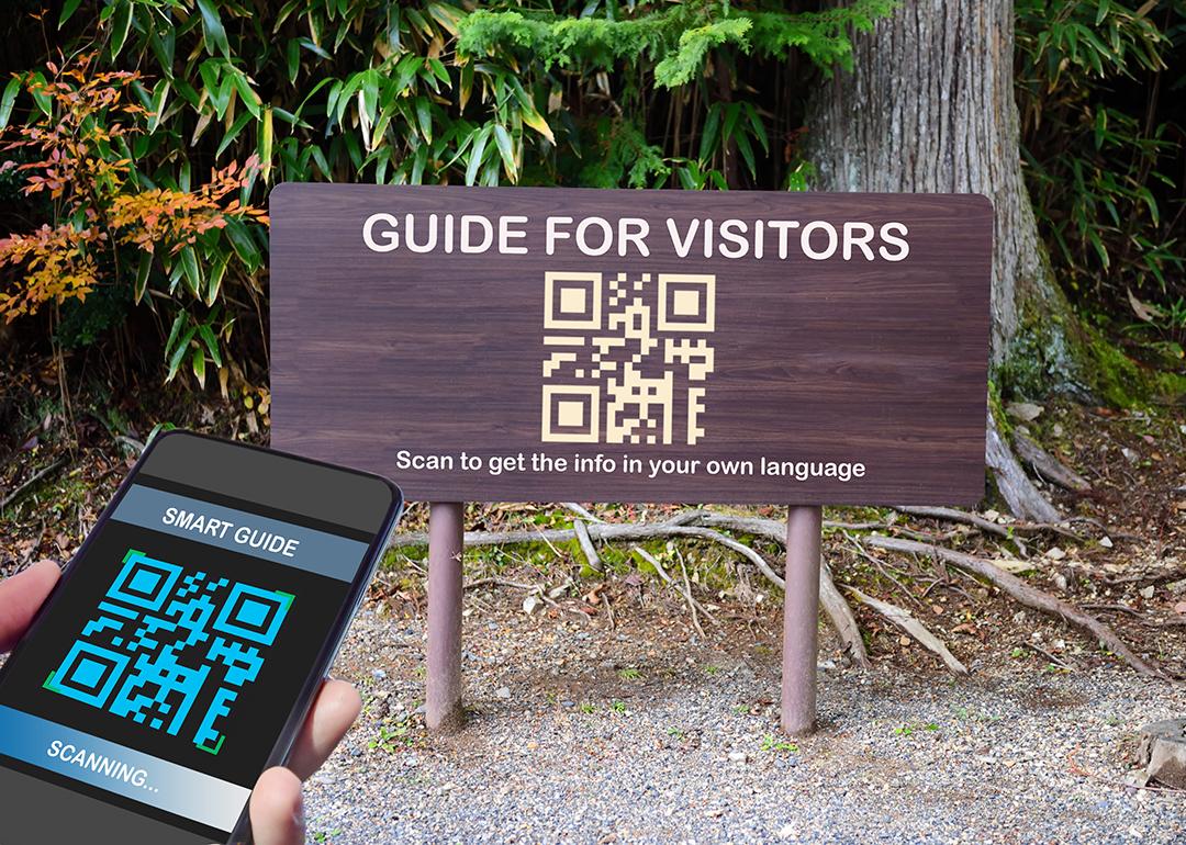 A signage with a guide for visitors QR code label for traveling.
