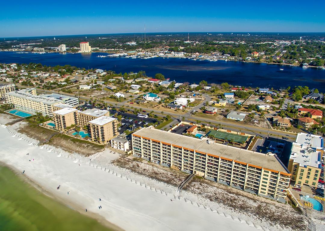 Aerial view of the cityscape and beach of Fort Walton in Florida.