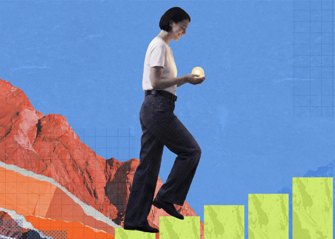 A digital collage of a person ascending a bar chart and other art pieces symbolizing concepts of entrepreneurship and growth.