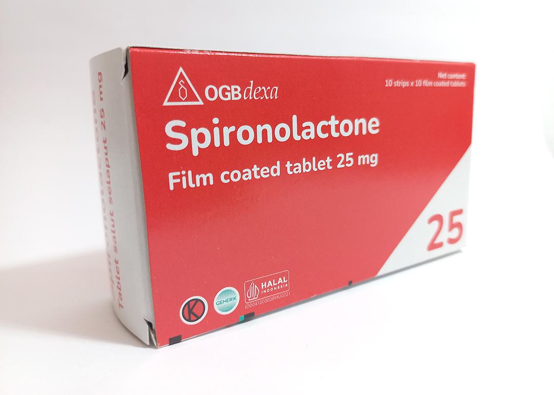 A box of Spironolactone 25 mg film-coated tablets in a white background.