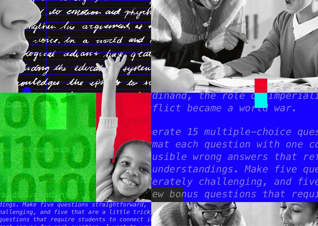 A custom collage illustration showing concepts of teaching young students and integrating AI in learning.