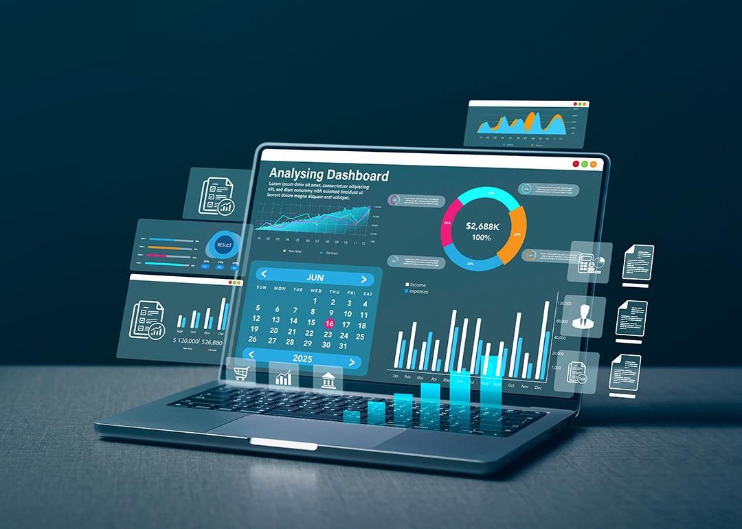 A finance dashboard displayed from a laptop's screen, which analyzes business data sales and growth.