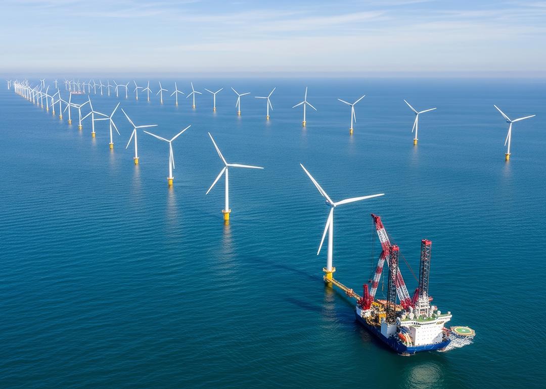 An offshore wind farm with turbines and installation crane vessel.