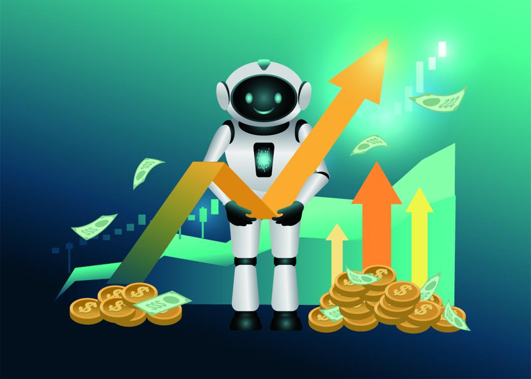 A vector illustration of an AI robo-advisor in the middle of an upward arrow and coin stacks, symbolizing financial growth.