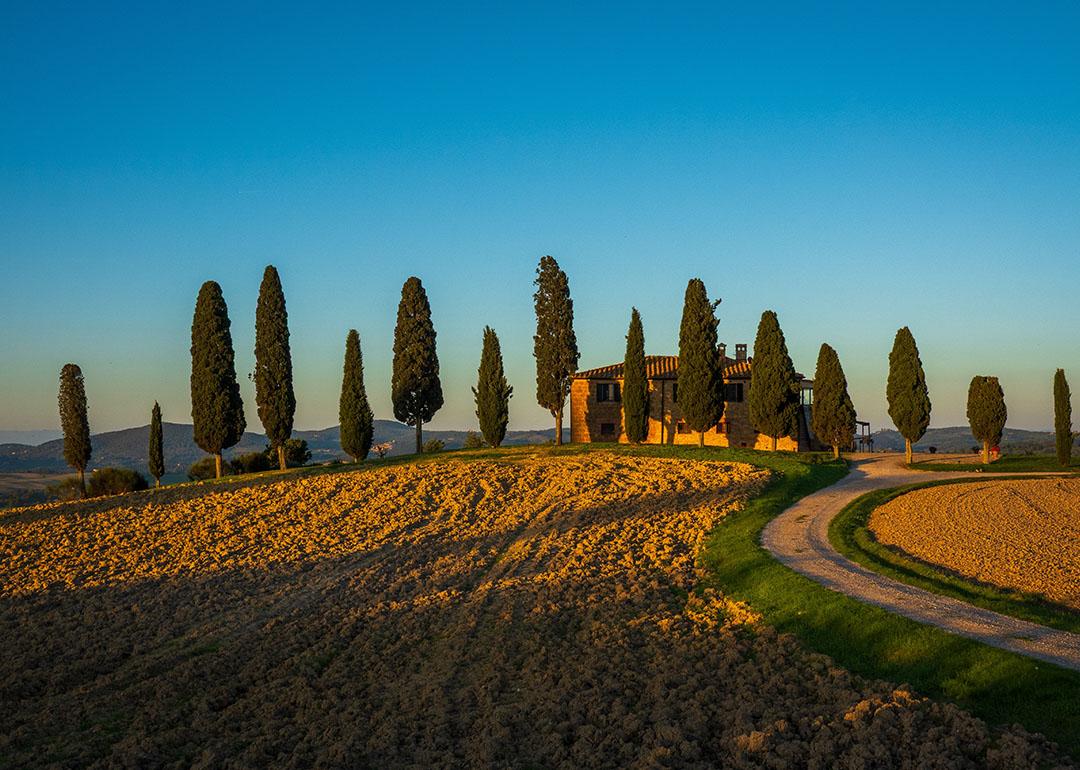 Sunset view of a rustic Italian villa