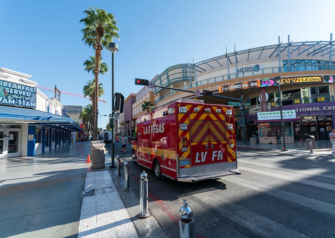 A fire and rescue ambulance parked in a downtown street in Las Vegas, Nevada, USA.