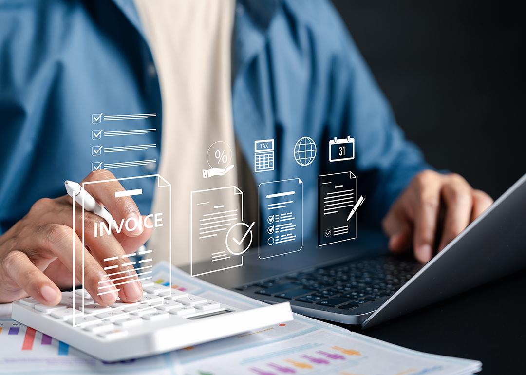 Accountant illustrated with invoice system graphics.