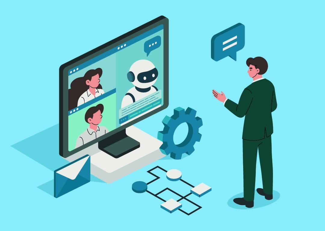 A vector illustration depicting a businessman engaging in a monitor displaying AI assistant and team members on a virtual call.