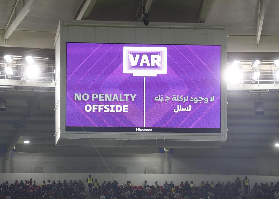 VAR decision, no penalty for offside displayed from the stadium's big screen during the FIFA World Cup Qatar 2022 Group F match between Croatia and Belgium. 