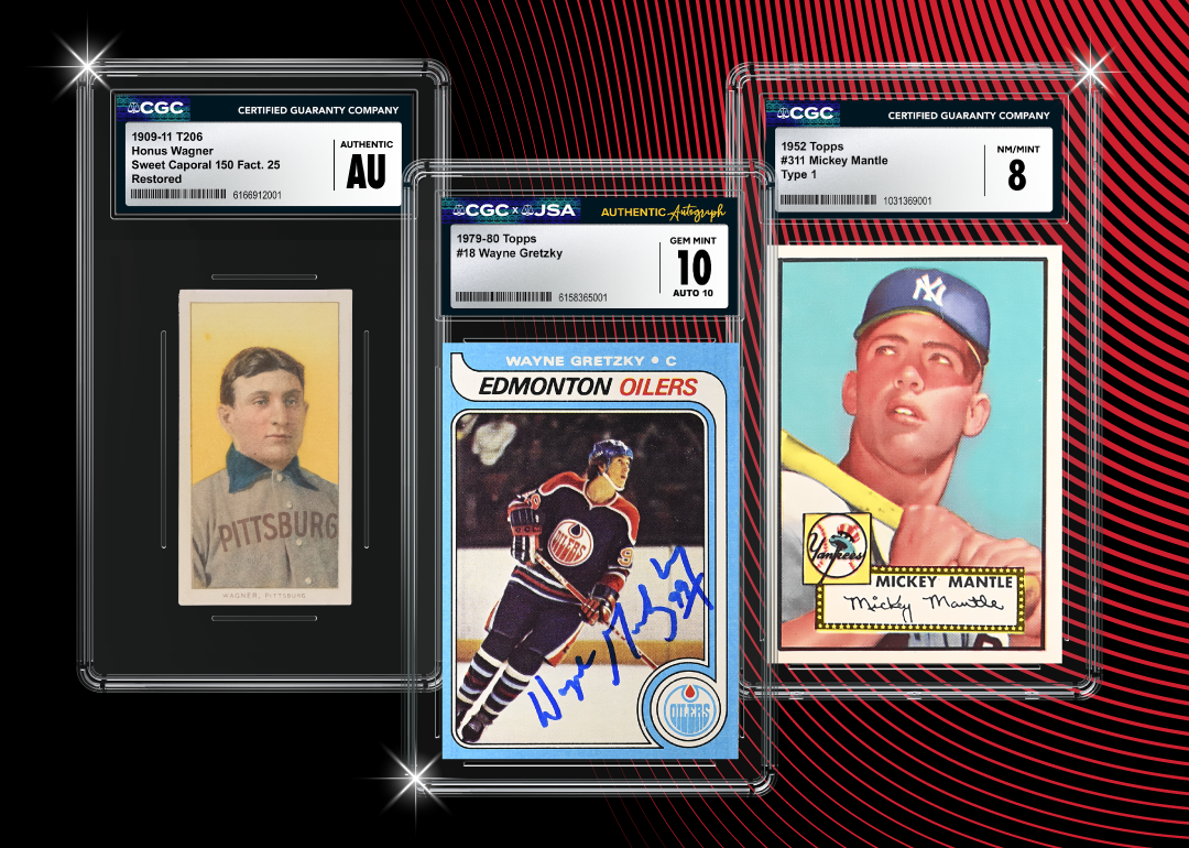 Encased graded vintage sports cards featuring athletes namely Honus Wagner (baseball), Wayne Gretzky (ice hockey) and Mickey Mantle (baseball).