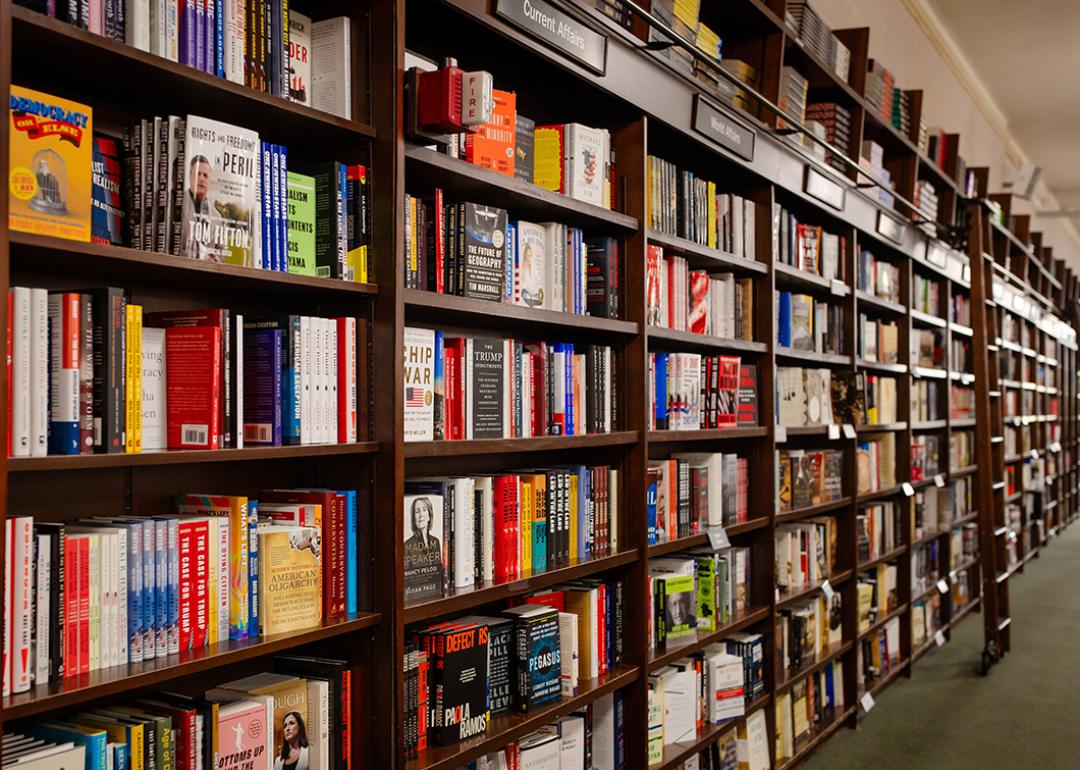 Books displayed for sale on shelves at Barnes & Noble bookstore in New York City, USA.