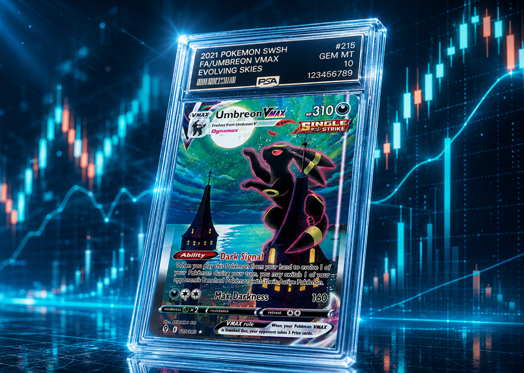 An encased, graded Umbreon VMAX card, a prized Pokémon trading card collectible, illustrated with stock market graphics.