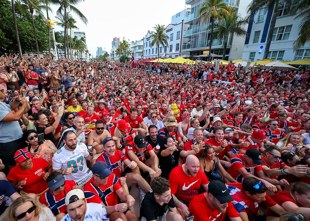 Fans of Norway take part in the "Viking Row," a cheer created by Norwegian soccer fans which gained popularity during the 2026 FIFA World Cup, on July 10, 2026, in Miami Beach, Florida. 
