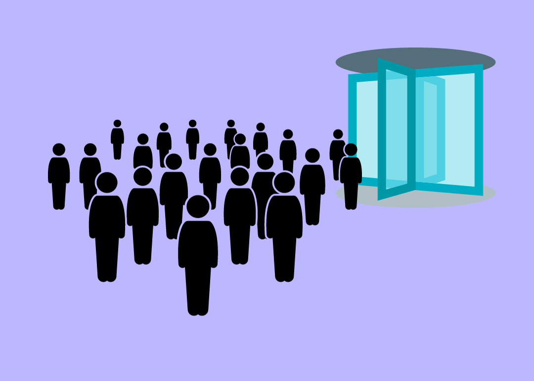 A graphic illustration of a group of silhouetted people emerging from a revolving door.