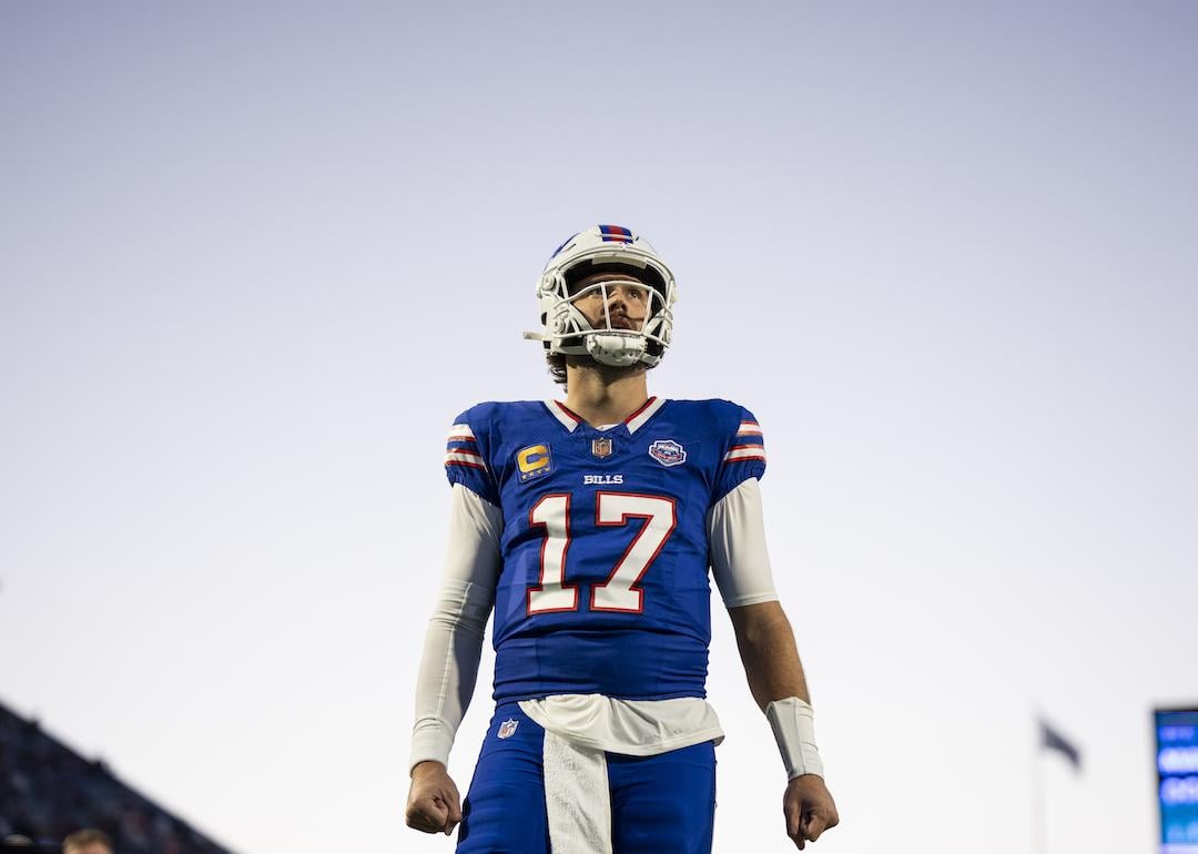 Josh Allen of the Buffalo Bills stretches prior to an NFL football game against the Baltimore Ravens at Highmark Stadium on Sept. 7, 2025 in Orchard Park, New York.