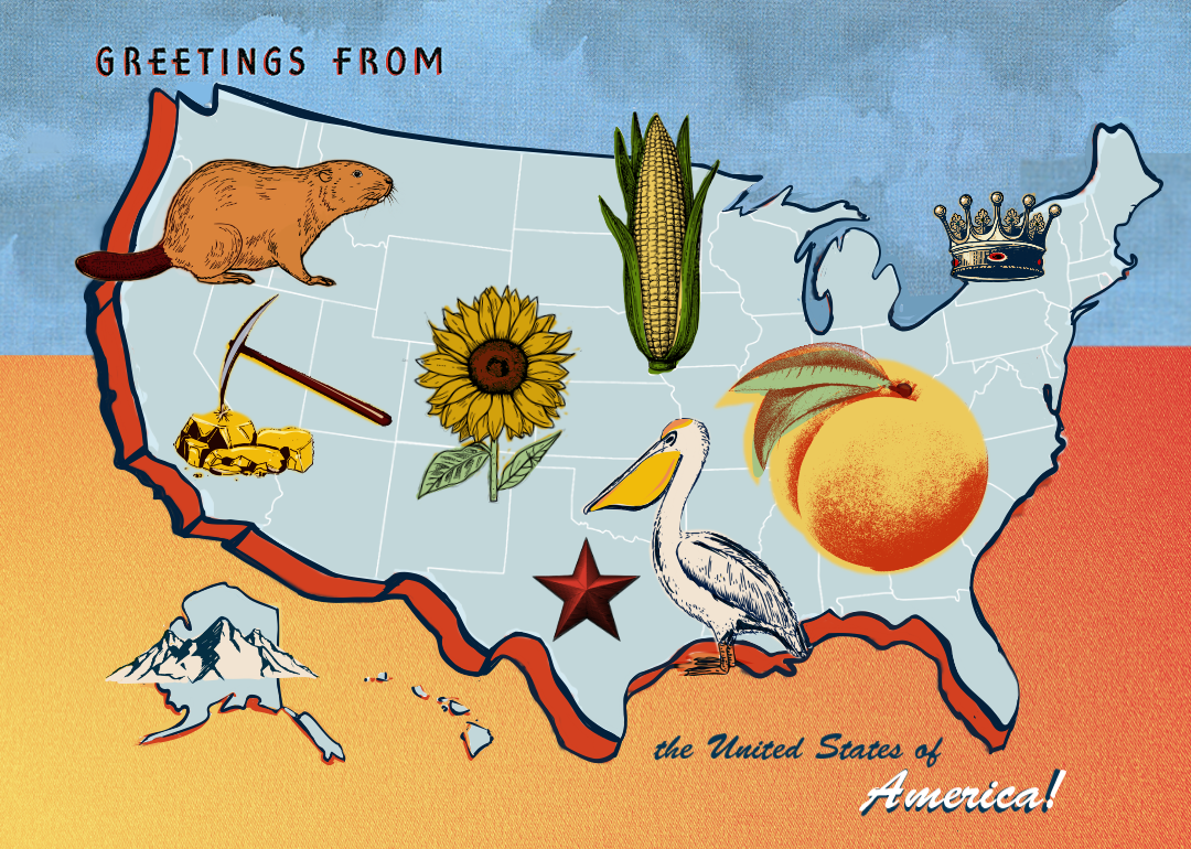 U.S. map with peach, star, corn, sunflower, beaver, crown, mountains, and gold nuggets.