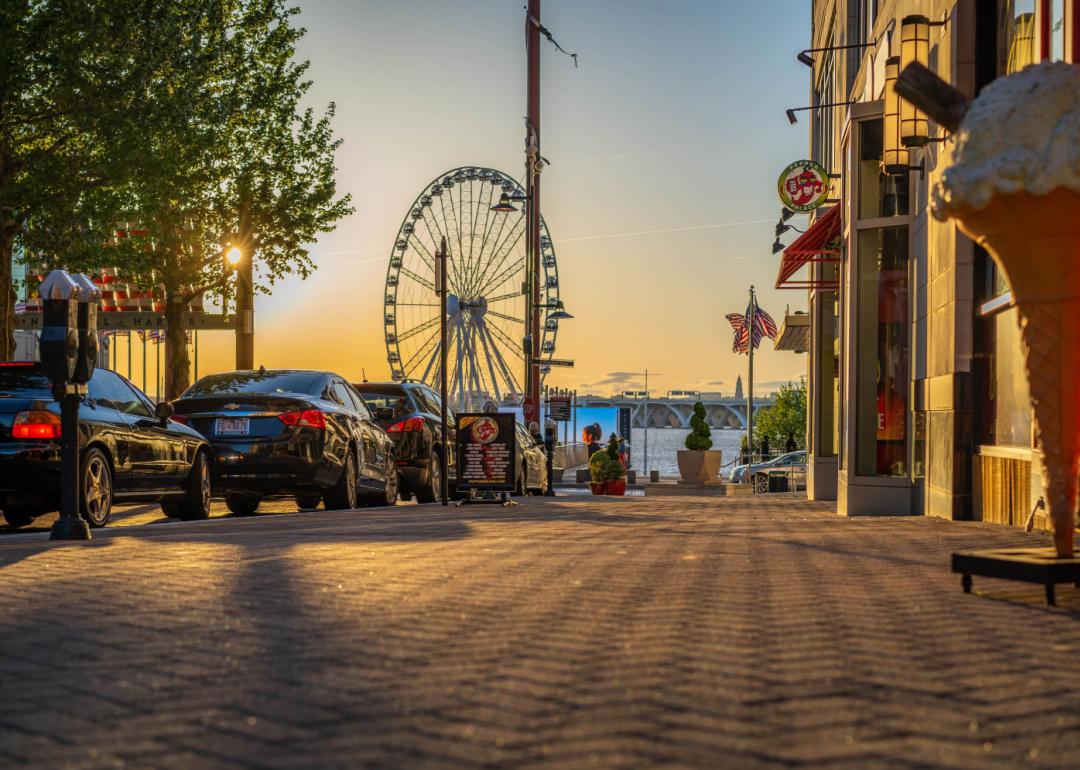 The National Harbor in Maryland at sunset during the summer.