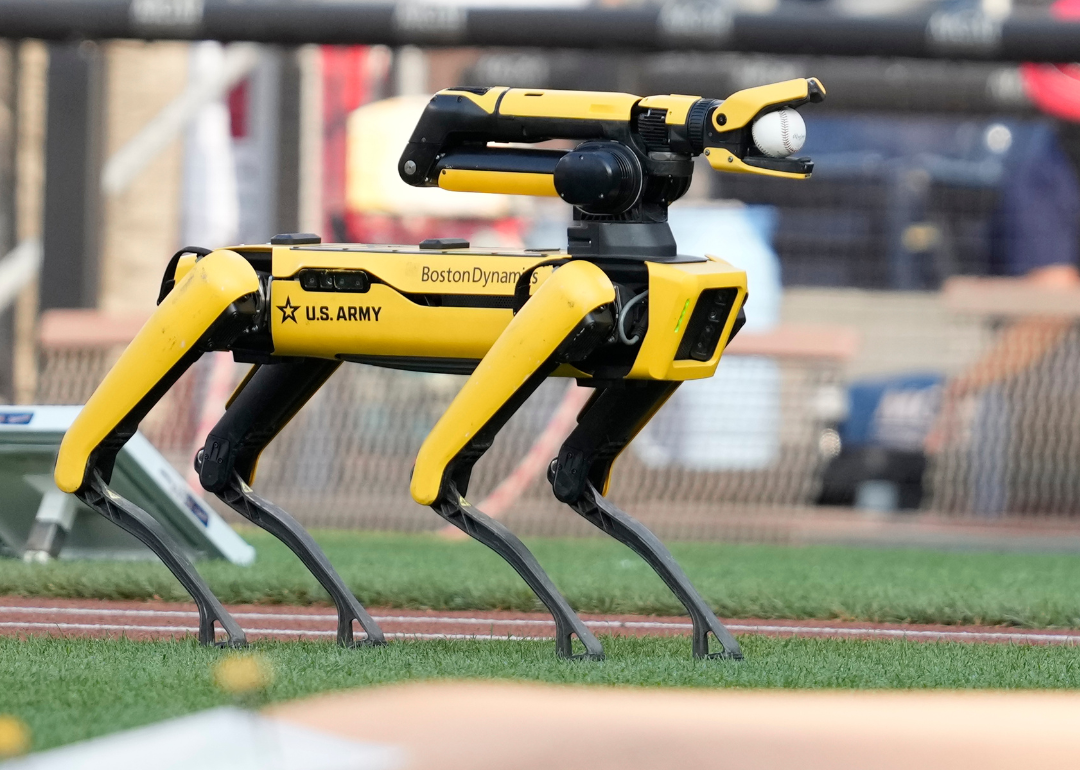 An Army robot that loosely resembles the shape of a dog on a turf field.