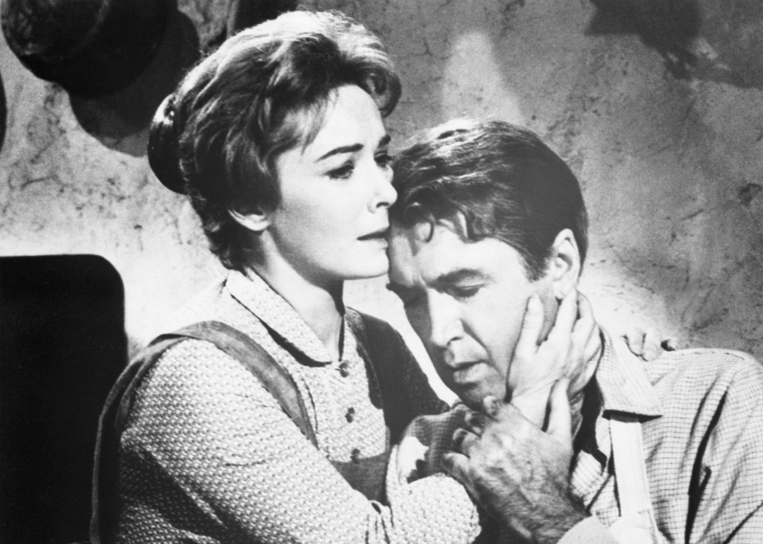 A production still of James Stewart and Vera Miles in "The Man Who Shot Liberty Valance", a 1962 Western directed by John Ford. 