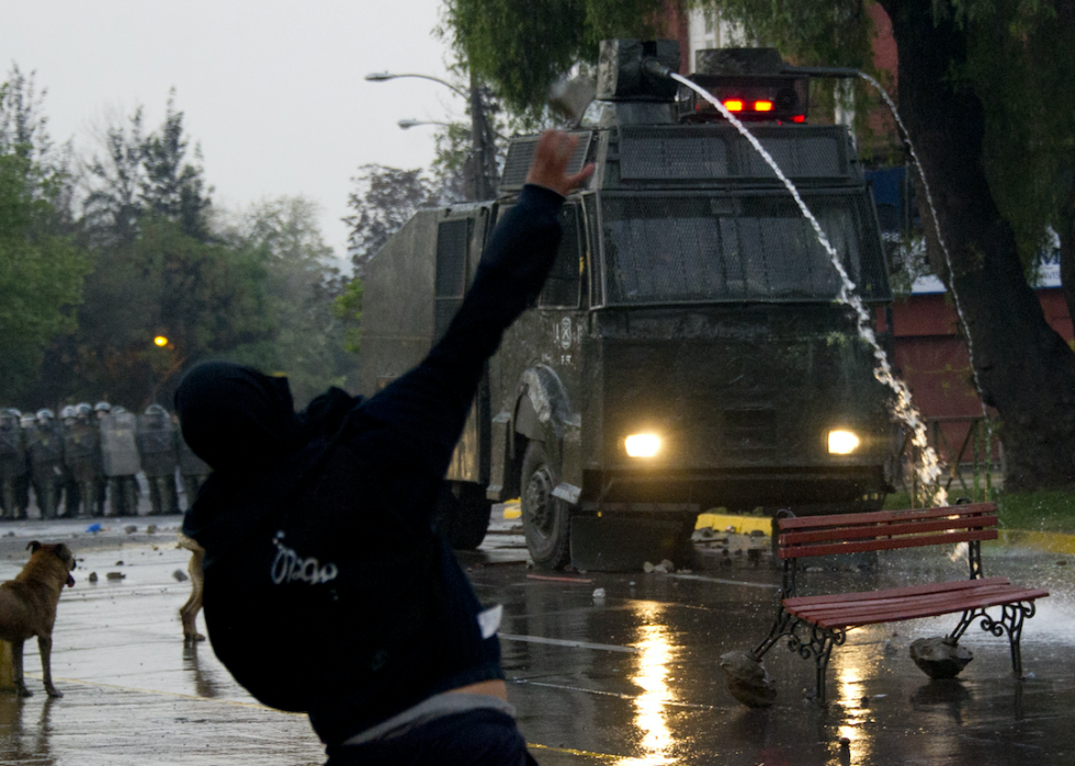 A protestor with his arms up stands near a tank spraying water. 
