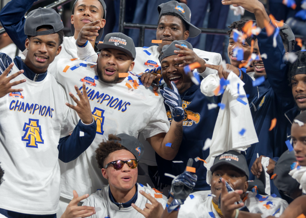 Football players celebrating.