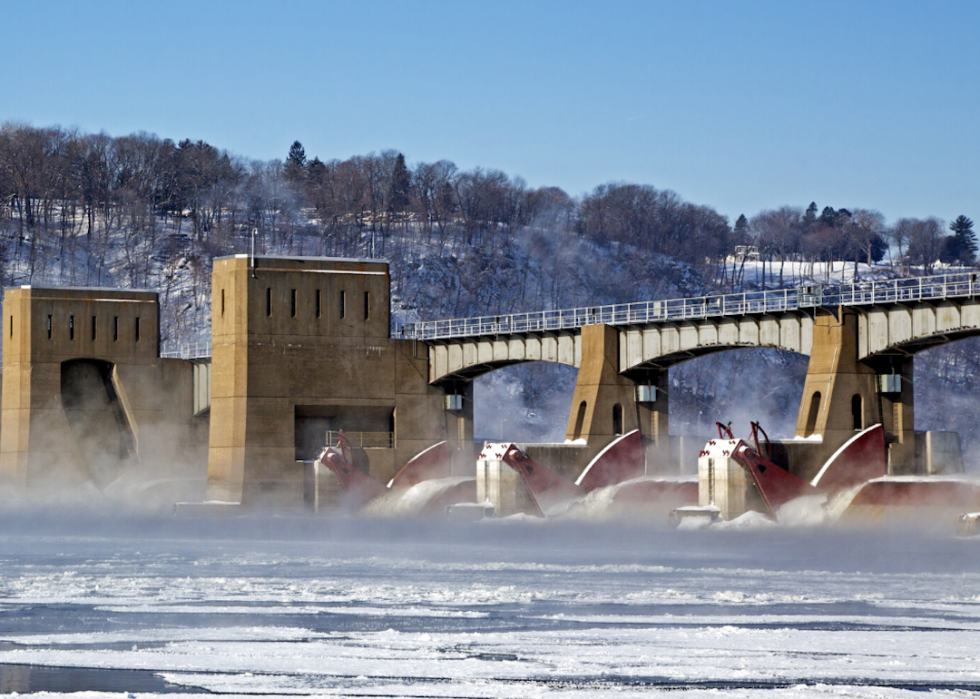 Frozen mist rises from lock and dam on Mississippi River in Dubuque.