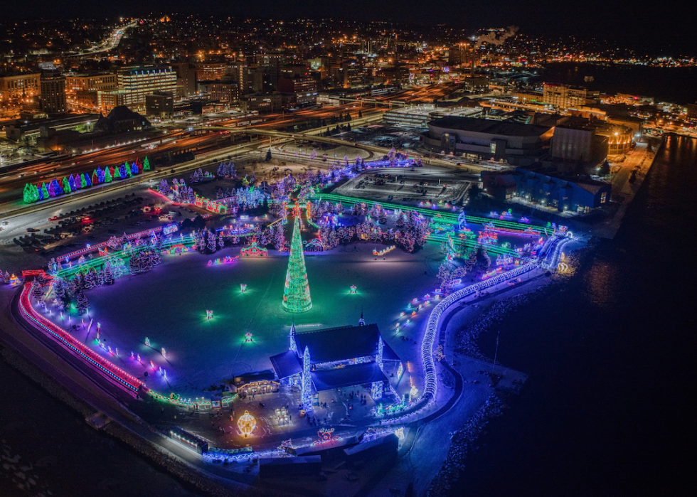 An aerial view of holiday lights in Duluth.