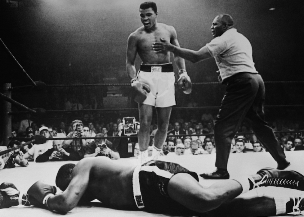 World heavyweight champion Muhammad Ali takes on Sonny Liston in Lewiston, Maine, May 25, 1965.