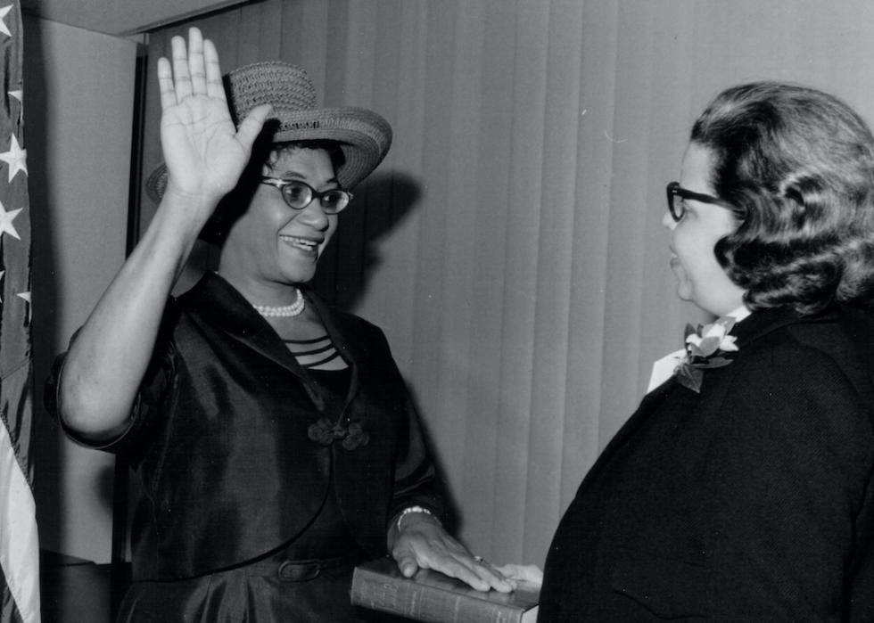Frankie Muse Freeman being sworn in as the first woman member of the US Commission on Civil Rights in 1964.