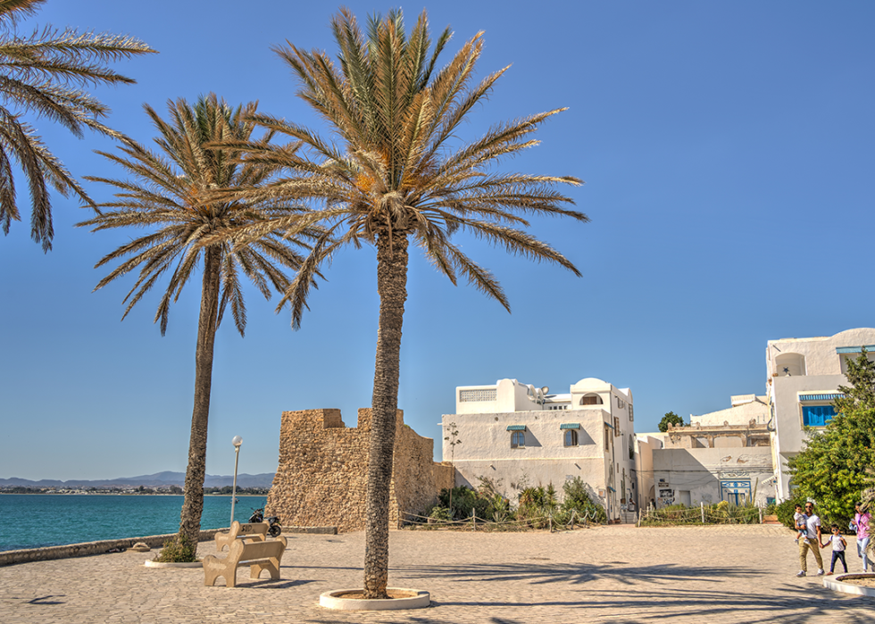Historic buildings in Hammamet with palm trees.