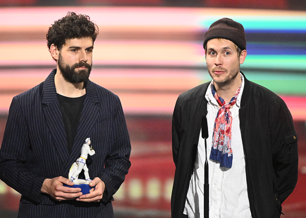 Moritz Riesewieck and Hans Block on stage at the Bavarian Film Award Ceremony.