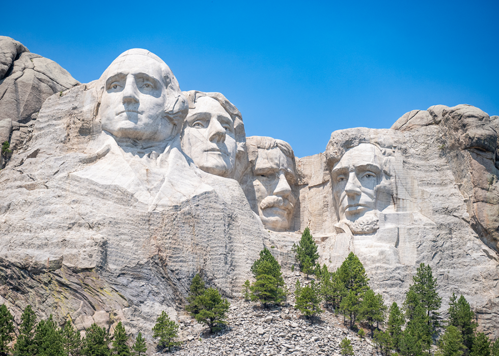 Mount Rushmore in the Black Hills of South Dakota on a clear day.