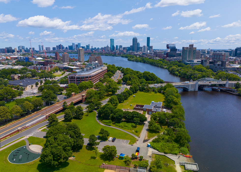 Boston University Bridge across Charles River aerial view with Cambridge on the left and Boston Back Bay on the right.