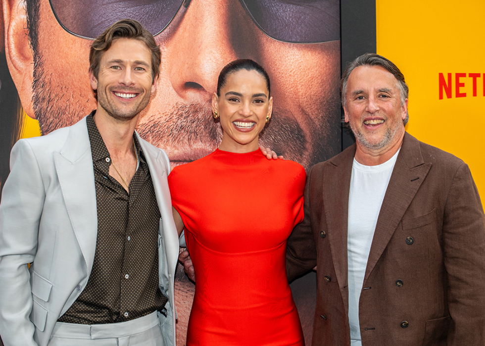 Glen Powell, Adria Arjona, and Richard Linklater attend a screening of ‘Hitman’.