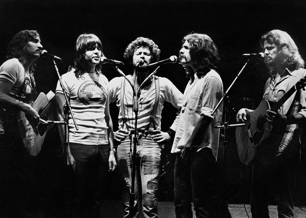 Joe Walsh, Randy Meisner, Don Henley, Glenn Frey and Don Felder of The Eagles perform on stage.