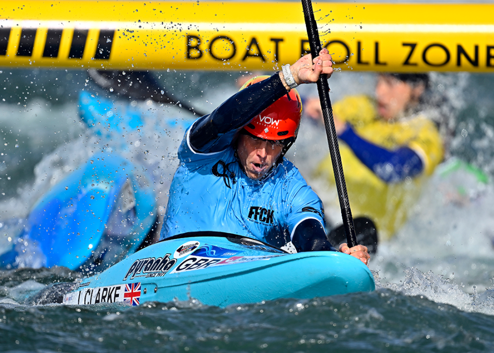 Joseph Clarke of Great Britain competes in the Men's Kayak Cross.