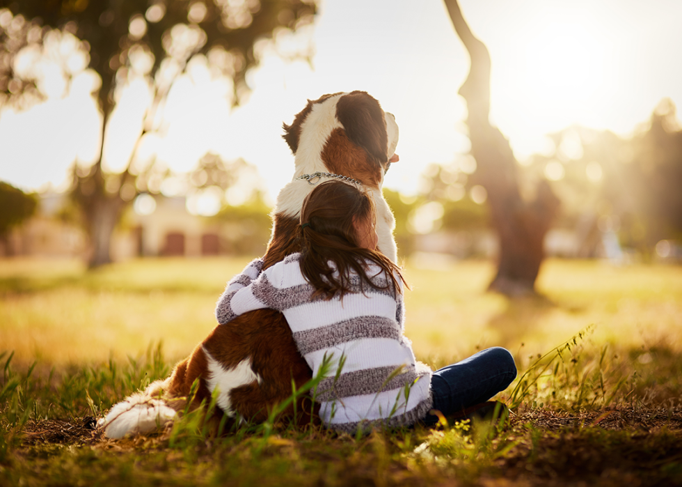 A young girl sitting next to and hugging her large dog as they look out over a park.