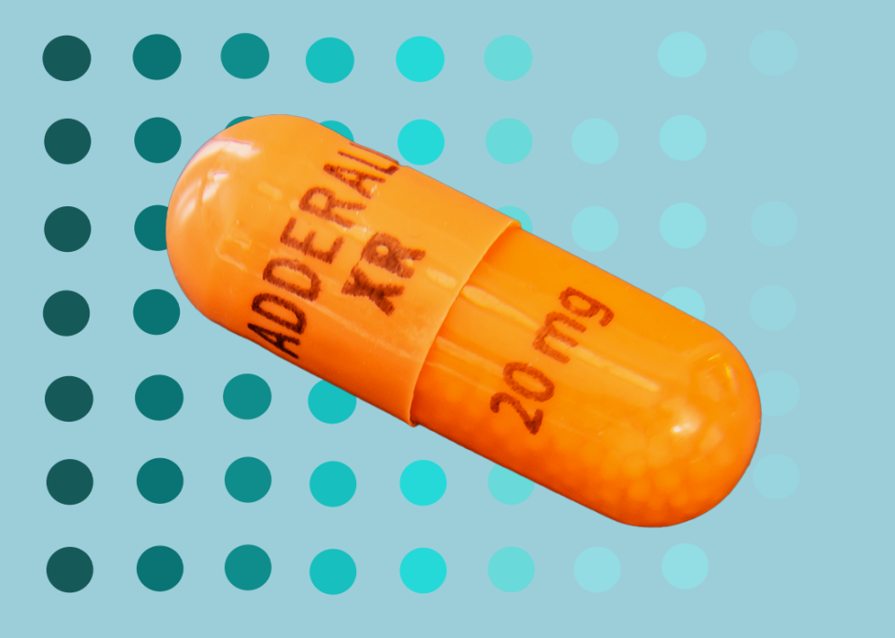 Adderal XR 20 mg capsule on blue background with gradient dot pattern.