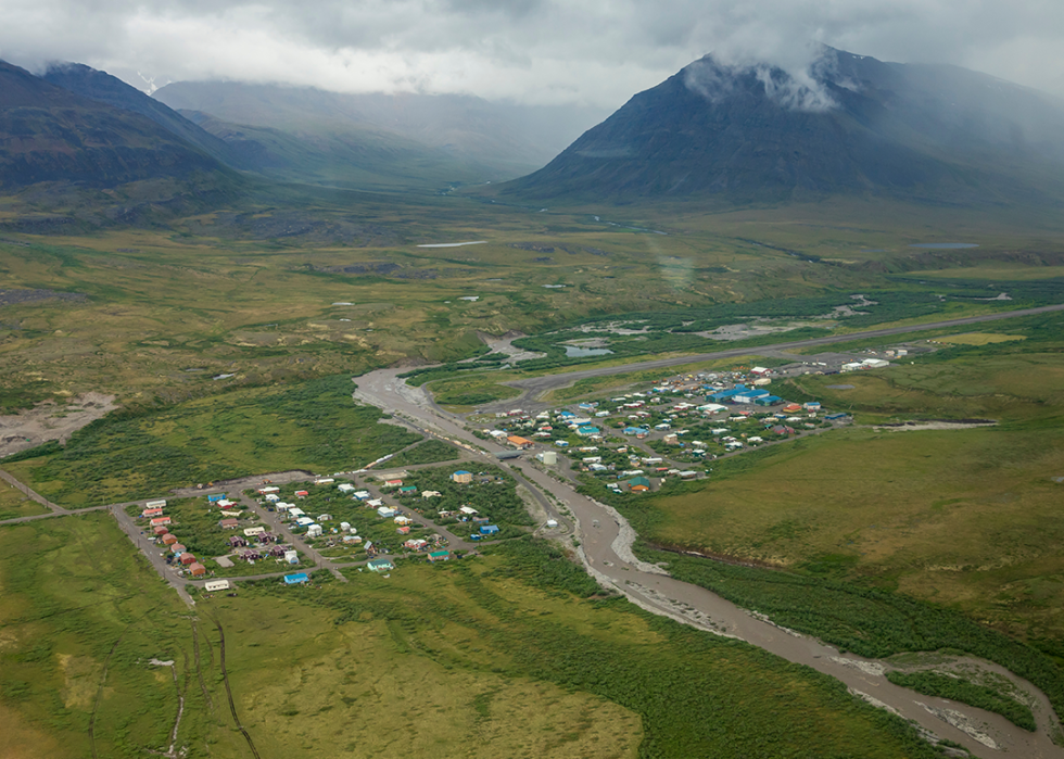 Aerial landscape view of the town of Anaktuvuk Pass in Gates of the Arctic National Park.