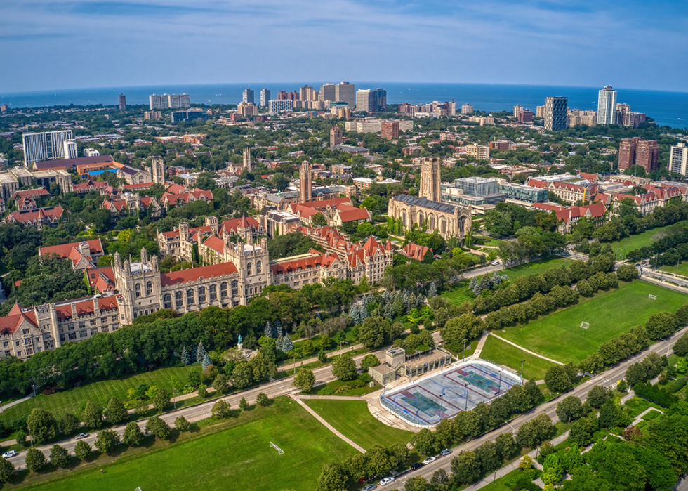 Aerial view of a large University in the Chicago Neighborhood of Hyde Park.
