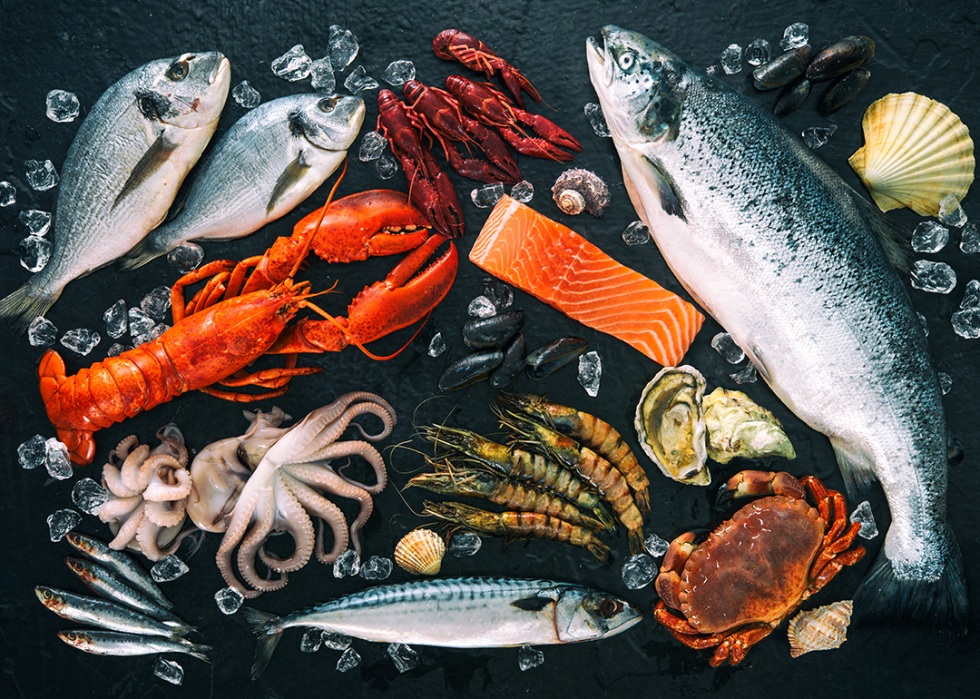 Top view fresh seafood and shellfish display.