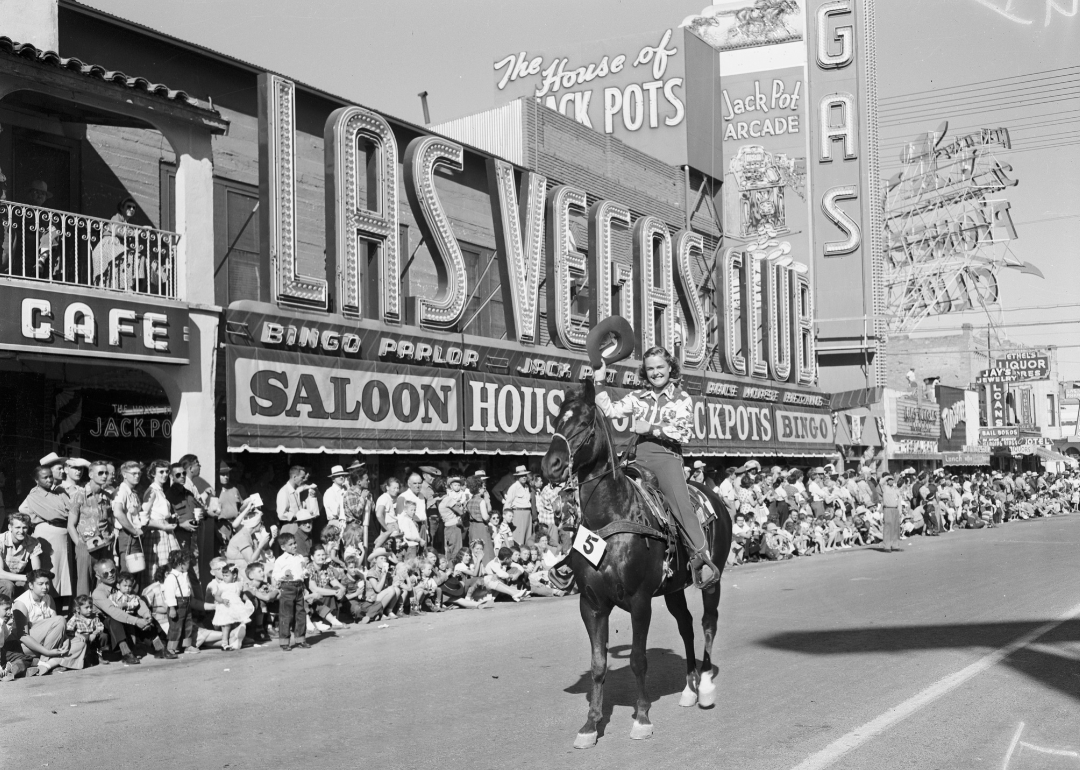 Woman on horseback in Helldorado Days Parade in front of Las Vegas Club