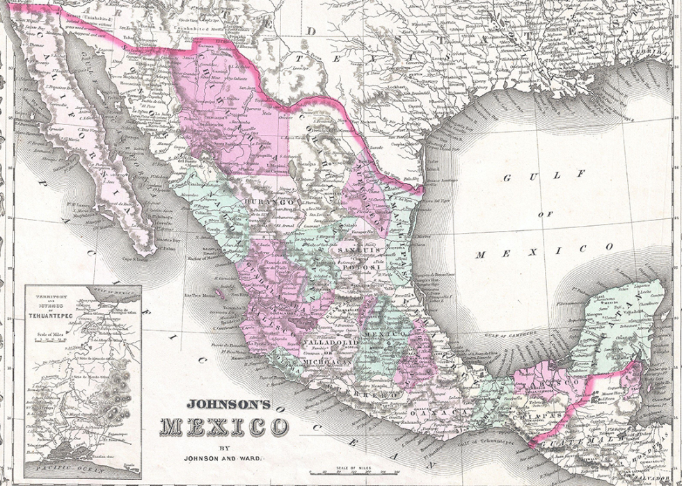 Archival map of Mexico and and Texas border from 1860s.