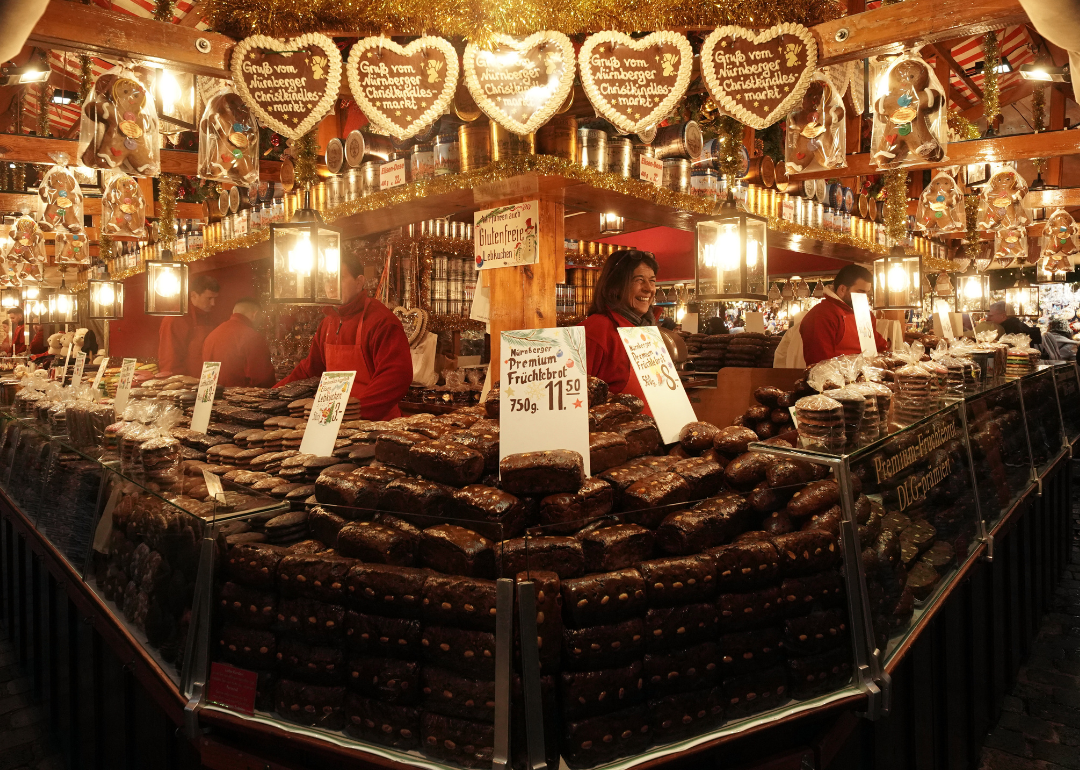 Christmas market stall filled with holiday treats in Nuremberg.