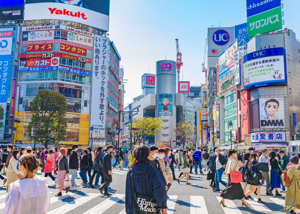 Shibuya Crossing on a sunny day.